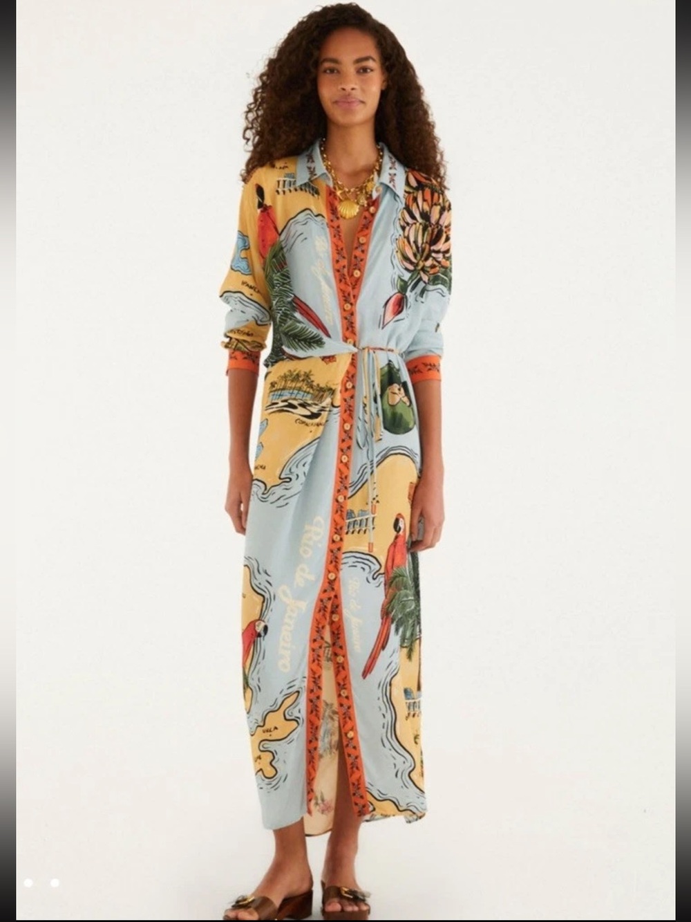 Farm Rio Multicolor Beaches Path Collared Buttoned Maxi Dress - Sz S